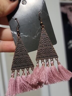 Boho Pink Tassel Triangle Drop Earrings